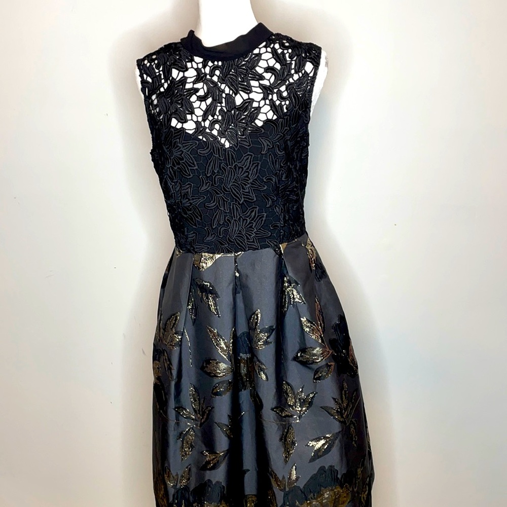 Hutch Fit And Flair Dress Size 8 Black And Metallic Gold Midi Length Coctail